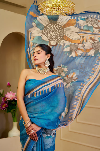 Peacock Blue Tissue Silk Saree with Floral Design, Striped Border and Running Blouse for Festive Occasions | Swaraas