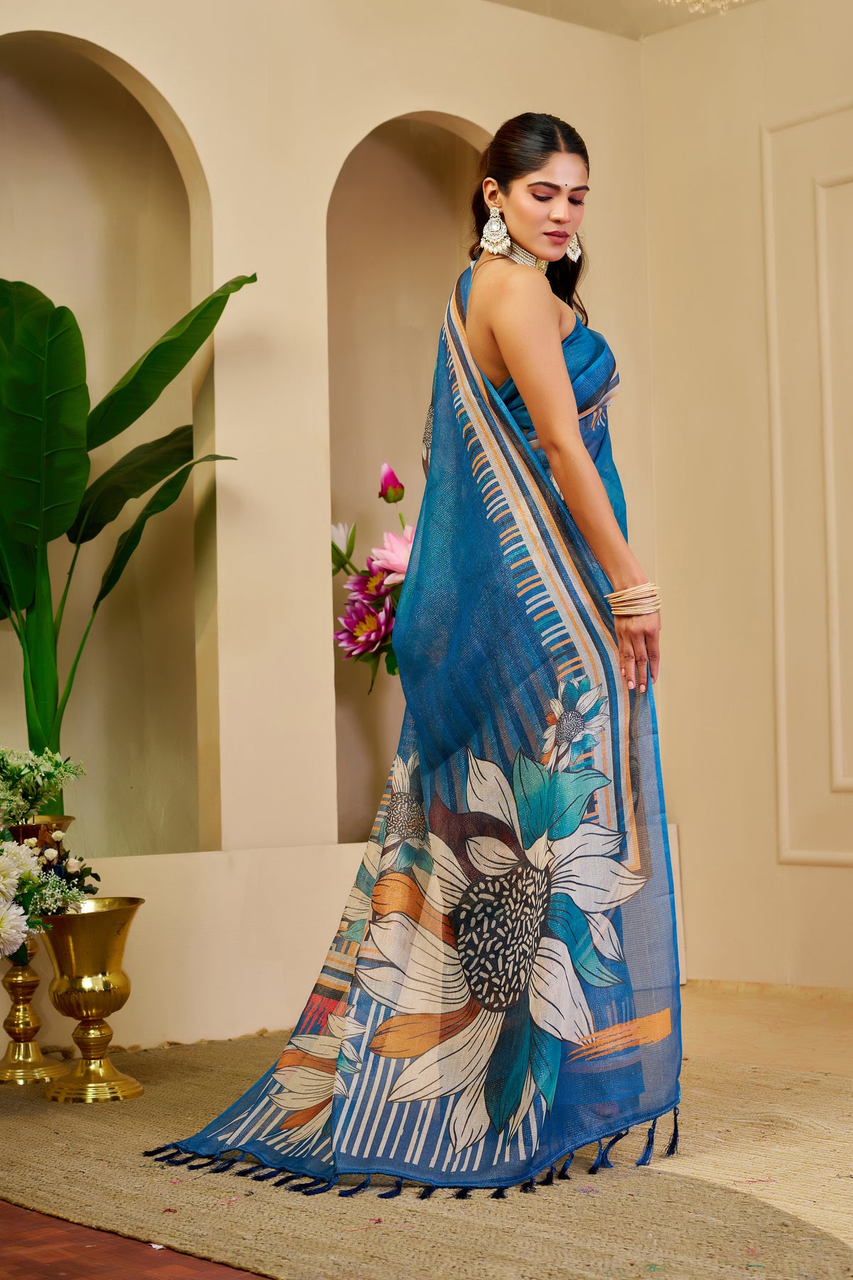 Peacock Blue Tissue Silk Saree with Floral Design, Striped Border and Running Blouse for Festive Occasions | Swaraas