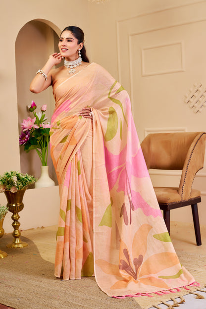 Peach Tissue Silk Saree with Pink and Green Floral Design, Tasselled Pallu and Running Blouse for Festive Wear