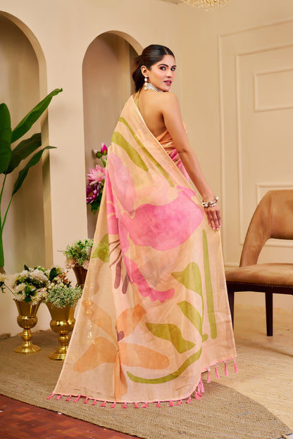 Peach Tissue Silk Saree with Pink and Green Floral Design, Tasselled Pallu and Running Blouse for Festive Wear