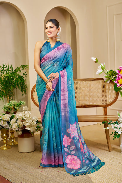 Teal Blue Tissue Silk Saree with Pink Floral Pallu, Contrast Border and Running Blouse for Festive Celebrations