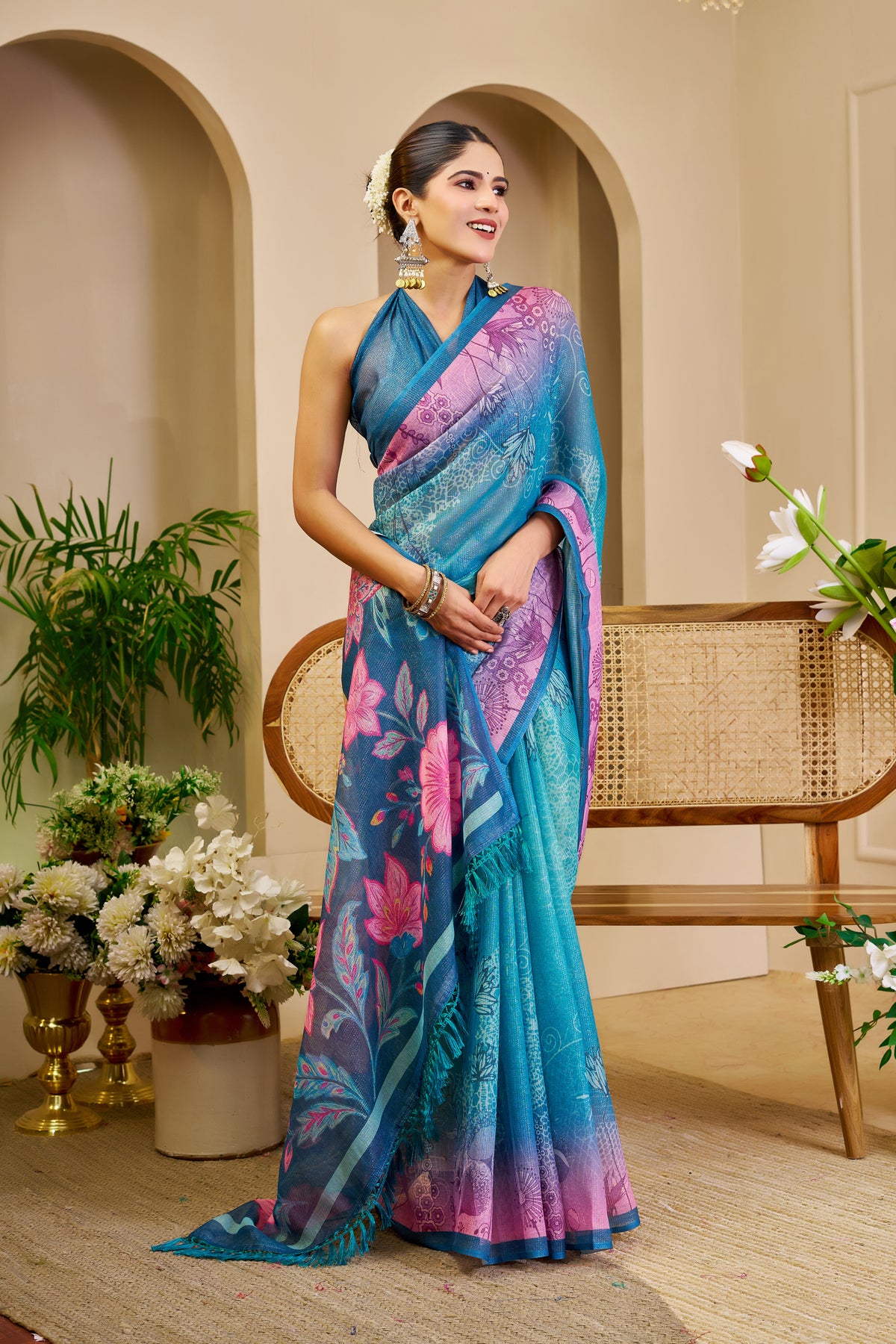 Teal Blue Tissue Silk Saree with Pink Floral Pallu, Contrast Border and Running Blouse for Festive Celebrations