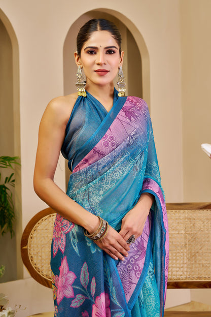 Teal Blue Tissue Silk Saree with Pink Floral Pallu, Contrast Border and Running Blouse for Festive Celebrations