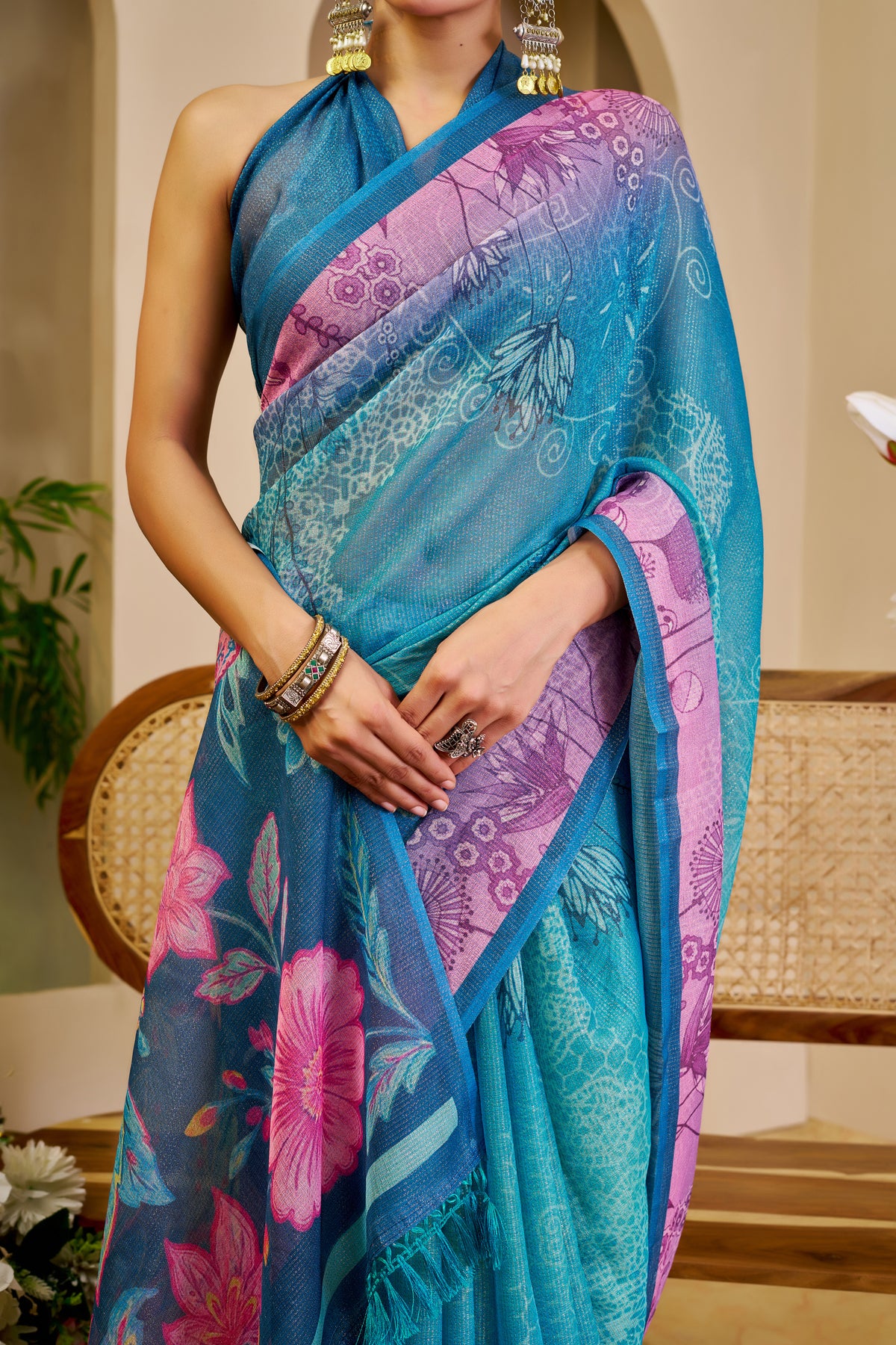 Teal Blue Tissue Silk Saree with Pink Floral Pallu, Contrast Border and Running Blouse for Festive Celebrations