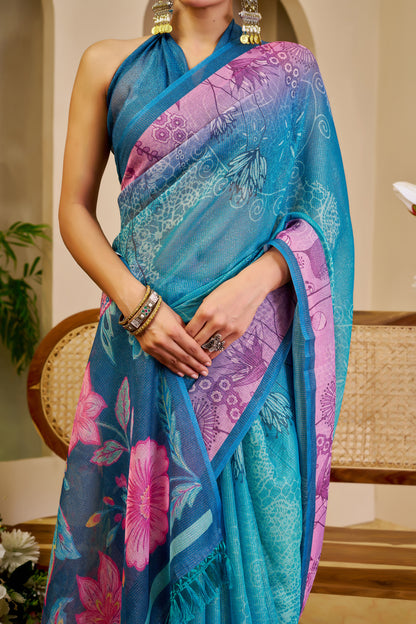 Teal Blue Tissue Silk Saree with Pink Floral Pallu, Contrast Border and Running Blouse for Festive Celebrations