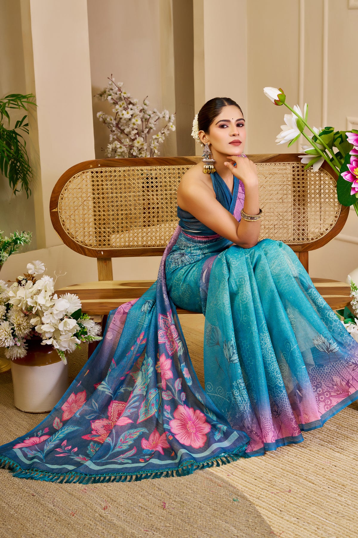 Teal Blue Tissue Silk Saree with Pink Floral Pallu, Contrast Border and Running Blouse for Festive Celebrations