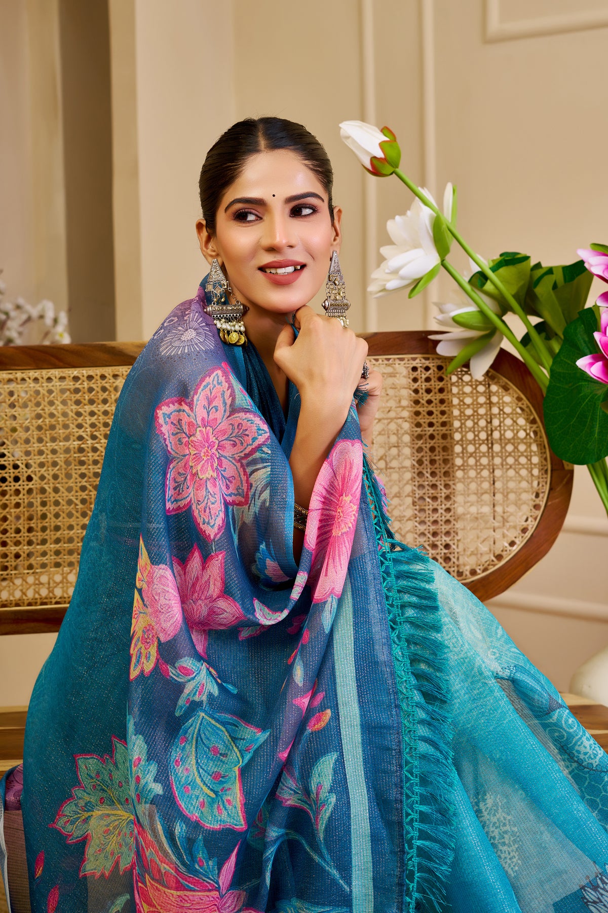 Teal Blue Tissue Silk Saree with Pink Floral Pallu, Contrast Border and Running Blouse for Festive Celebrations