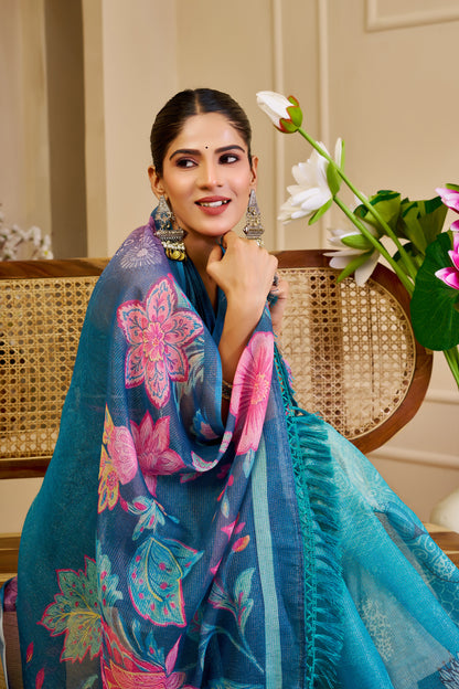Teal Blue Tissue Silk Saree with Pink Floral Pallu, Contrast Border and Running Blouse for Festive Celebrations