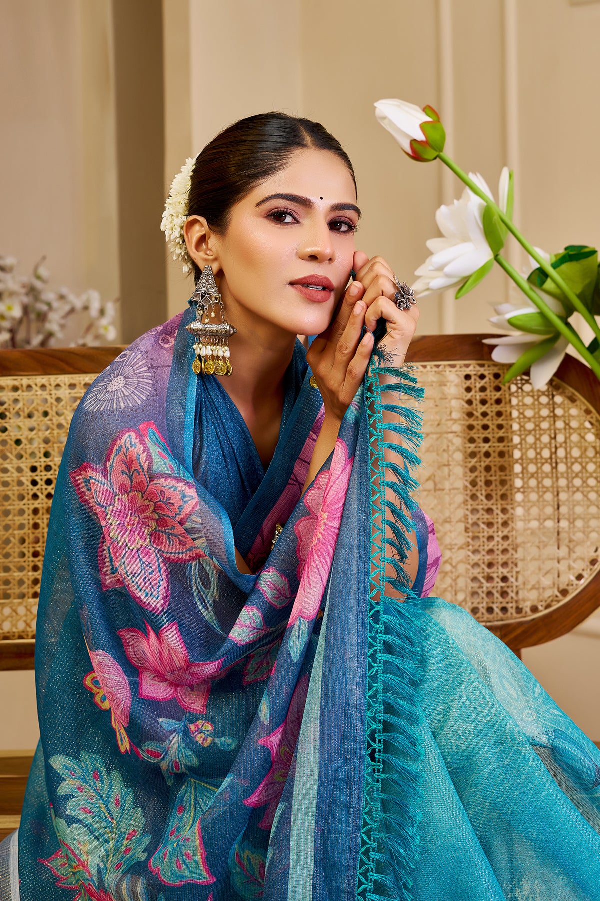 Teal Blue Tissue Silk Saree with Pink Floral Pallu, Contrast Border and Running Blouse for Festive Celebrations