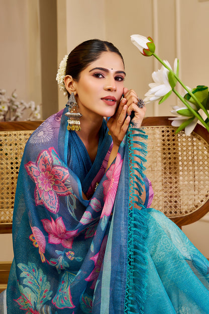 Teal Blue Tissue Silk Saree with Pink Floral Pallu, Contrast Border and Running Blouse for Festive Celebrations