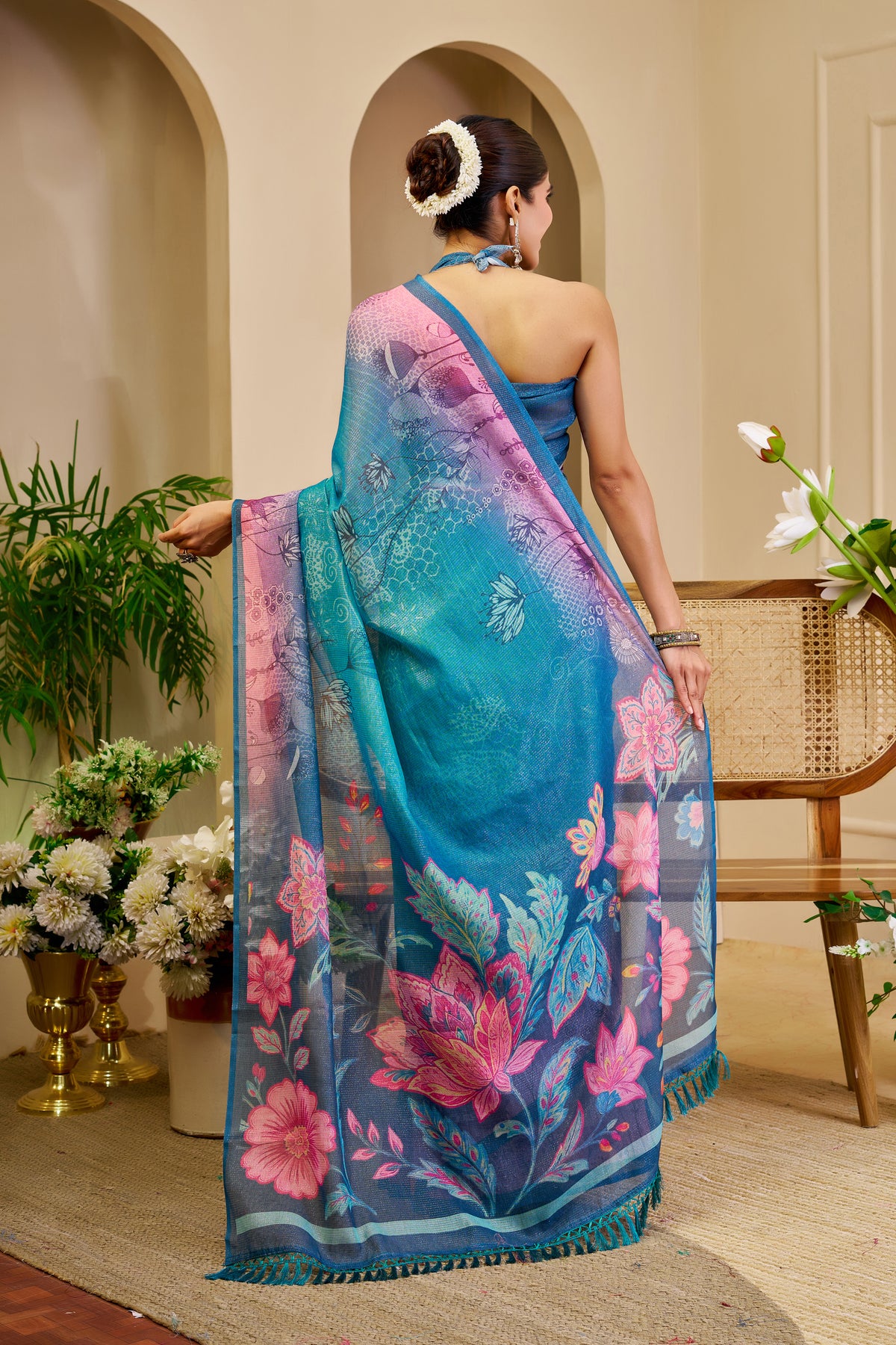 Teal Blue Tissue Silk Saree with Pink Floral Pallu, Contrast Border and Running Blouse for Festive Celebrations