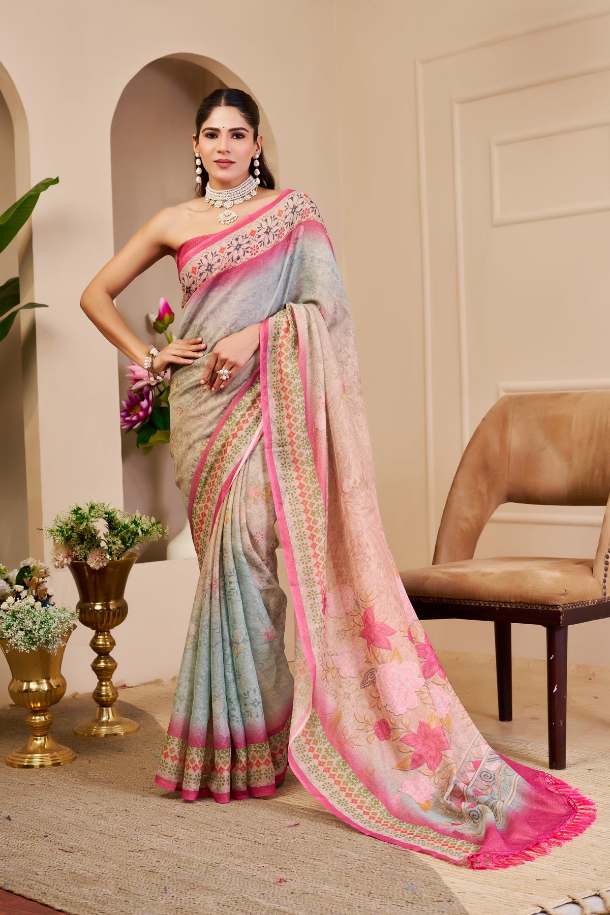 Silver Grey and Pink Tissue Silk Saree with Floral Pallu, Decorative Border and Running Blouse for Festive Wear