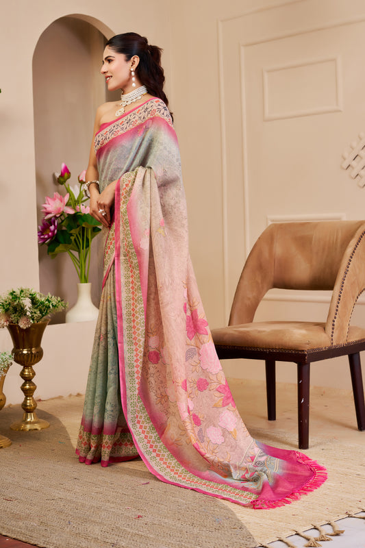 Silver Grey and Pink Tissue Silk Saree with Floral Pallu, Decorative Border and Running Blouse for Festive Wear