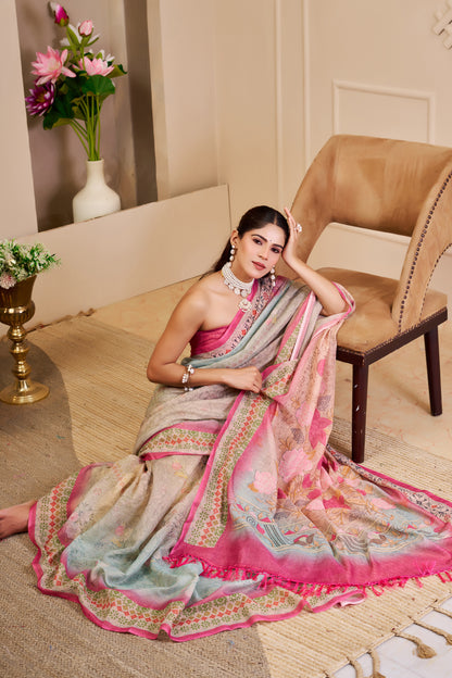 Silver Grey and Pink Tissue Silk Saree with Floral Pallu, Decorative Border and Running Blouse for Festive Wear