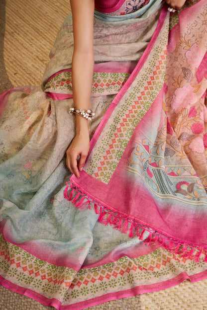 Silver Grey and Pink Tissue Silk Saree with Floral Pallu, Decorative Border and Running Blouse for Festive Wear