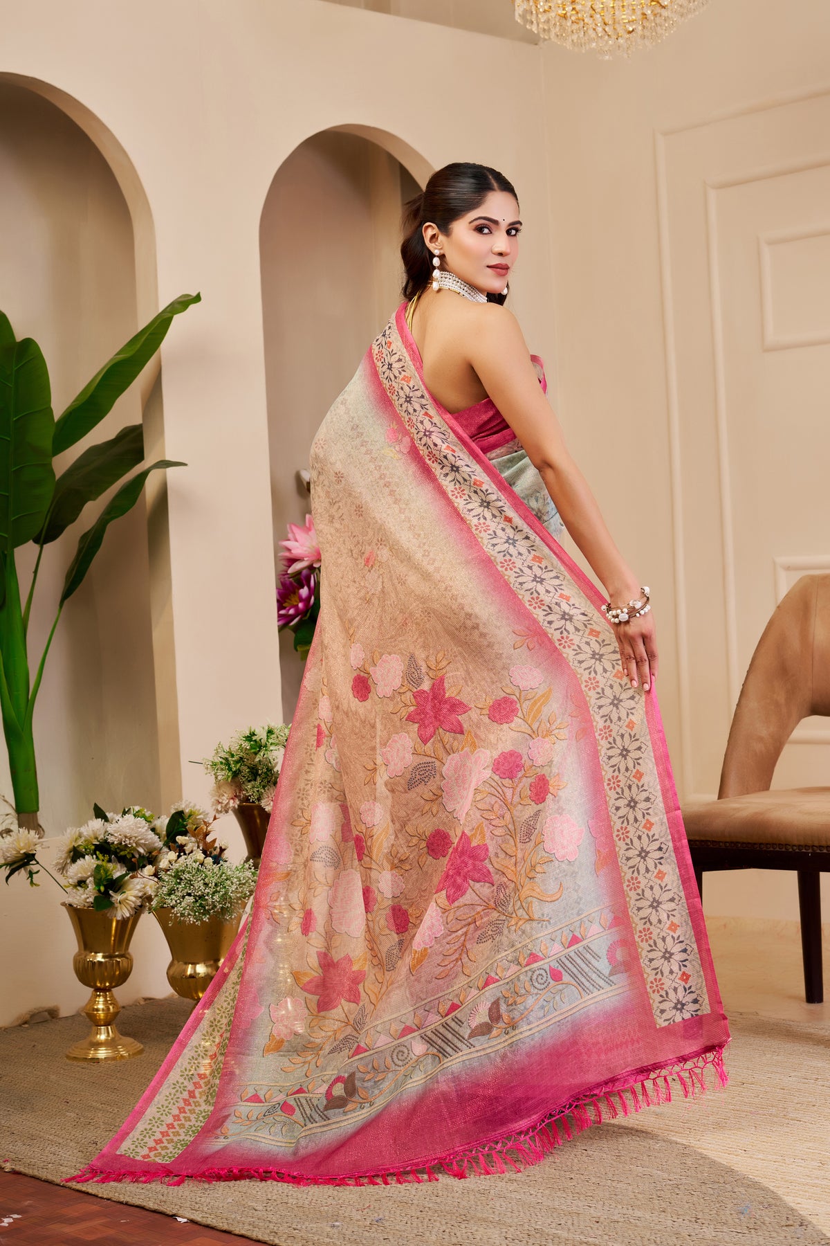 Silver Grey and Pink Tissue Silk Saree with Floral Pallu, Decorative Border and Running Blouse for Festive Wear