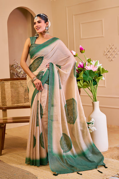 Beige and Emerald Green Tissue Silk Saree with Circular Motifs, Contrast Border and Running Blouse for Festive Wear
