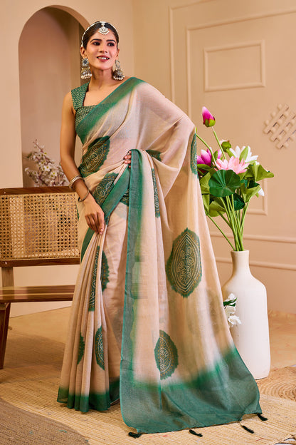 Beige and Emerald Green Tissue Silk Saree with Circular Motifs, Contrast Border and Running Blouse for Festive Wear