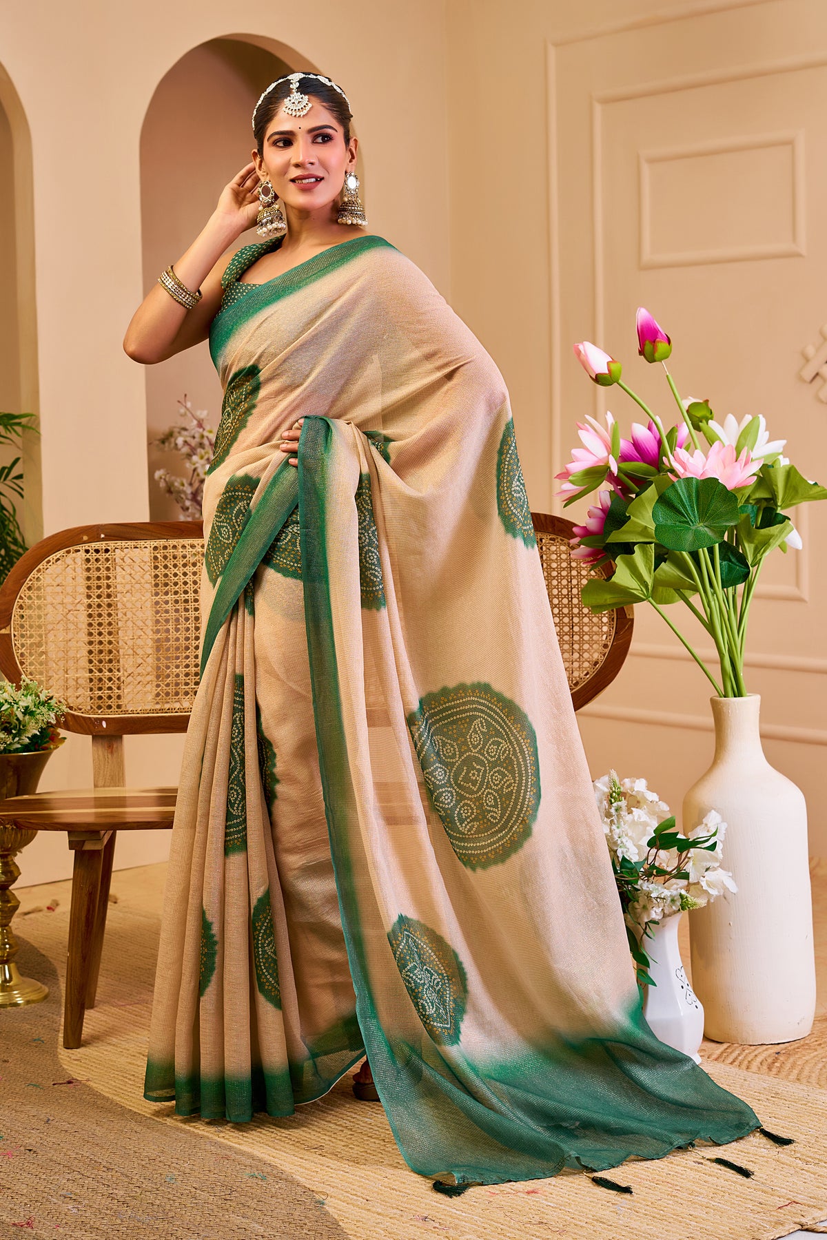 Beige and Emerald Green Tissue Silk Saree with Circular Motifs, Contrast Border and Running Blouse for Festive Wear