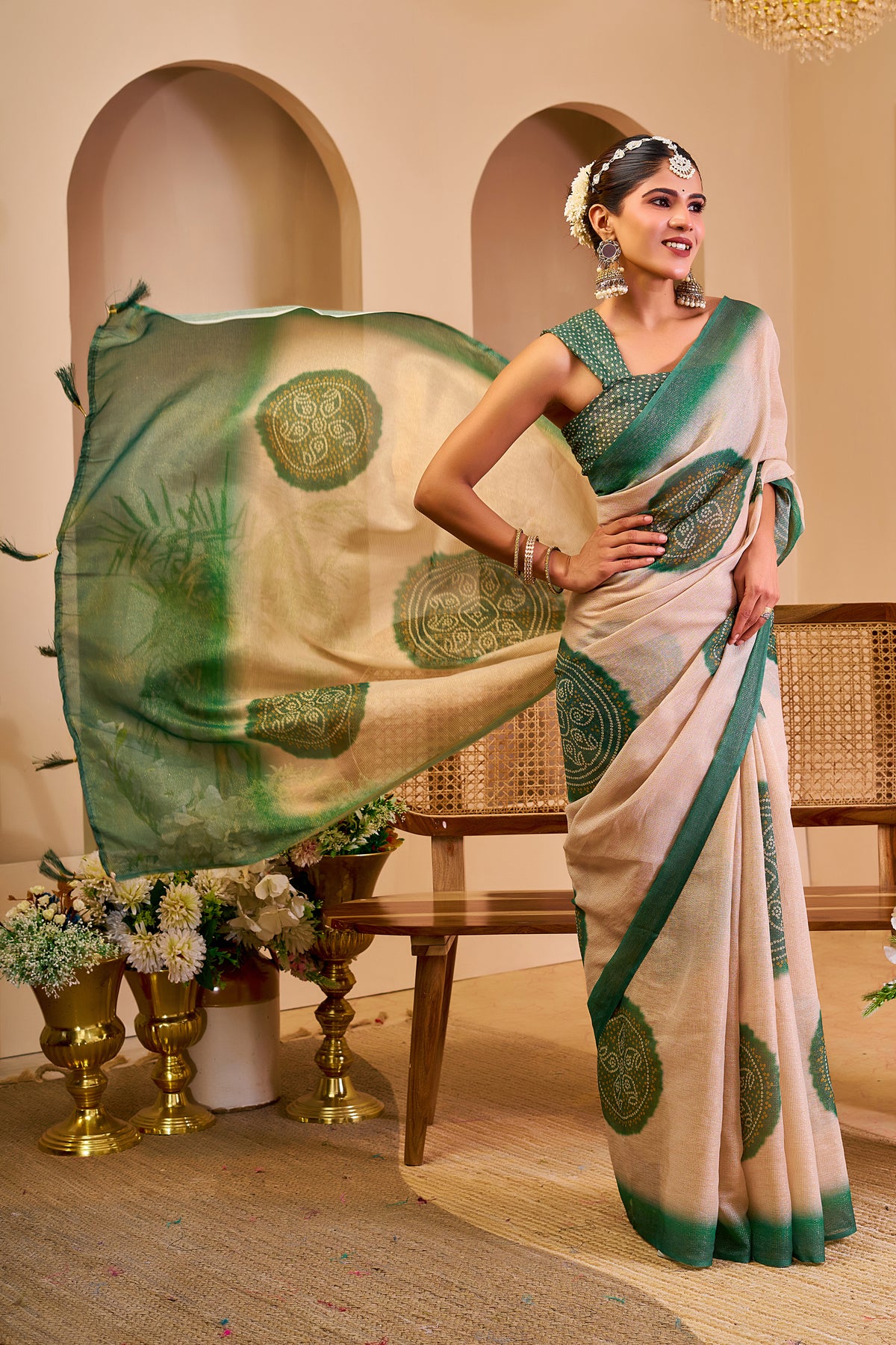 Beige and Emerald Green Tissue Silk Saree with Circular Motifs, Contrast Border and Running Blouse for Festive Wear