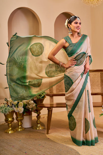 Beige and Emerald Green Tissue Silk Saree with Circular Motifs, Contrast Border and Running Blouse for Festive Wear