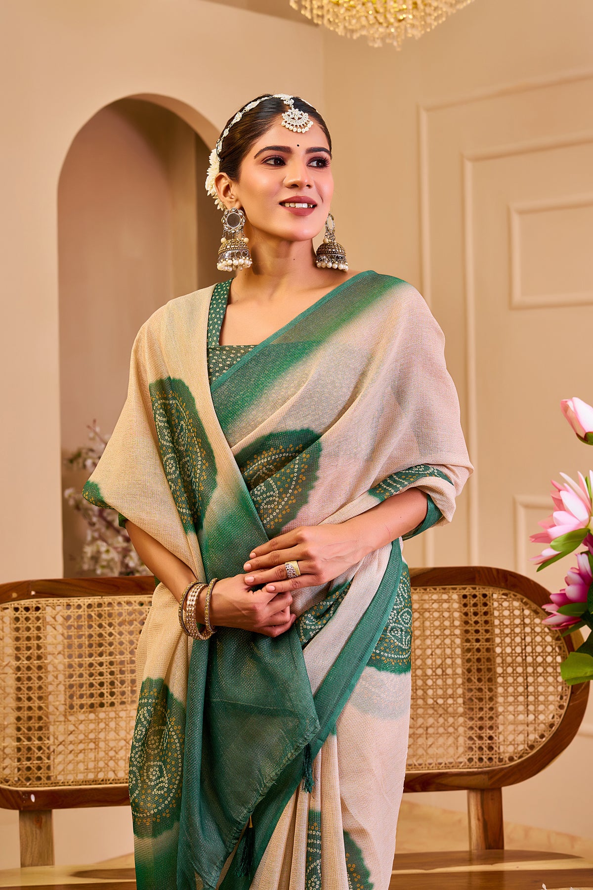 Beige and Emerald Green Tissue Silk Saree with Circular Motifs, Contrast Border and Running Blouse for Festive Wear