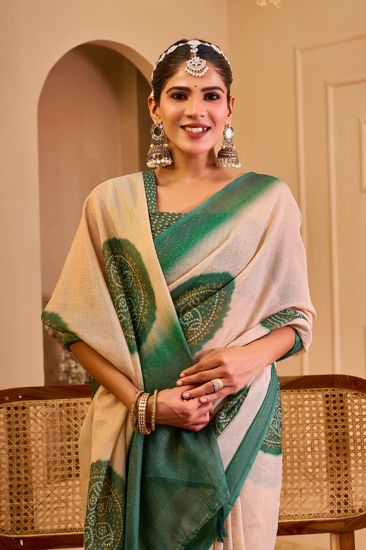 Beige and Emerald Green Tissue Silk Saree with Circular Motifs, Contrast Border and Running Blouse for Festive Wear