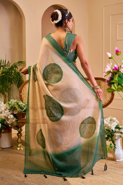 Beige and Emerald Green Tissue Silk Saree with Circular Motifs, Contrast Border and Running Blouse for Festive Wear