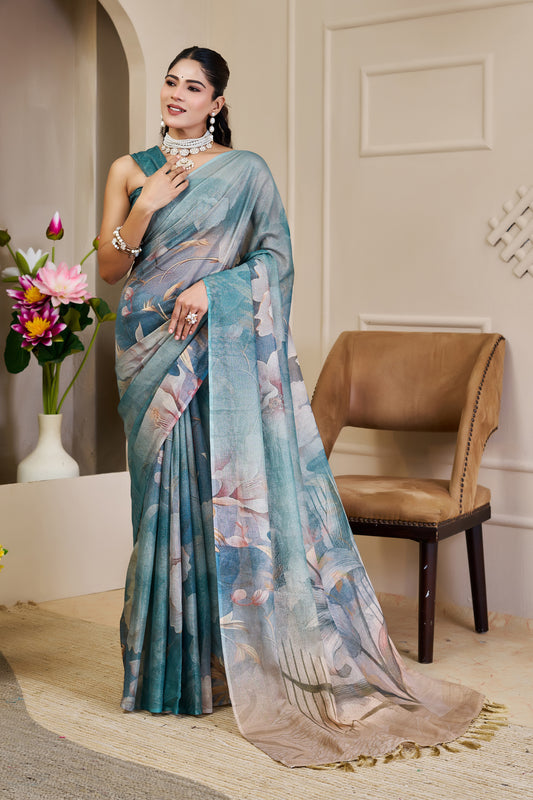 Teal Blue Tissue Silk Saree with Pastel Floral Design and Tassel Pallu, 6.3 Metres with Running Blouse for Festive Wear