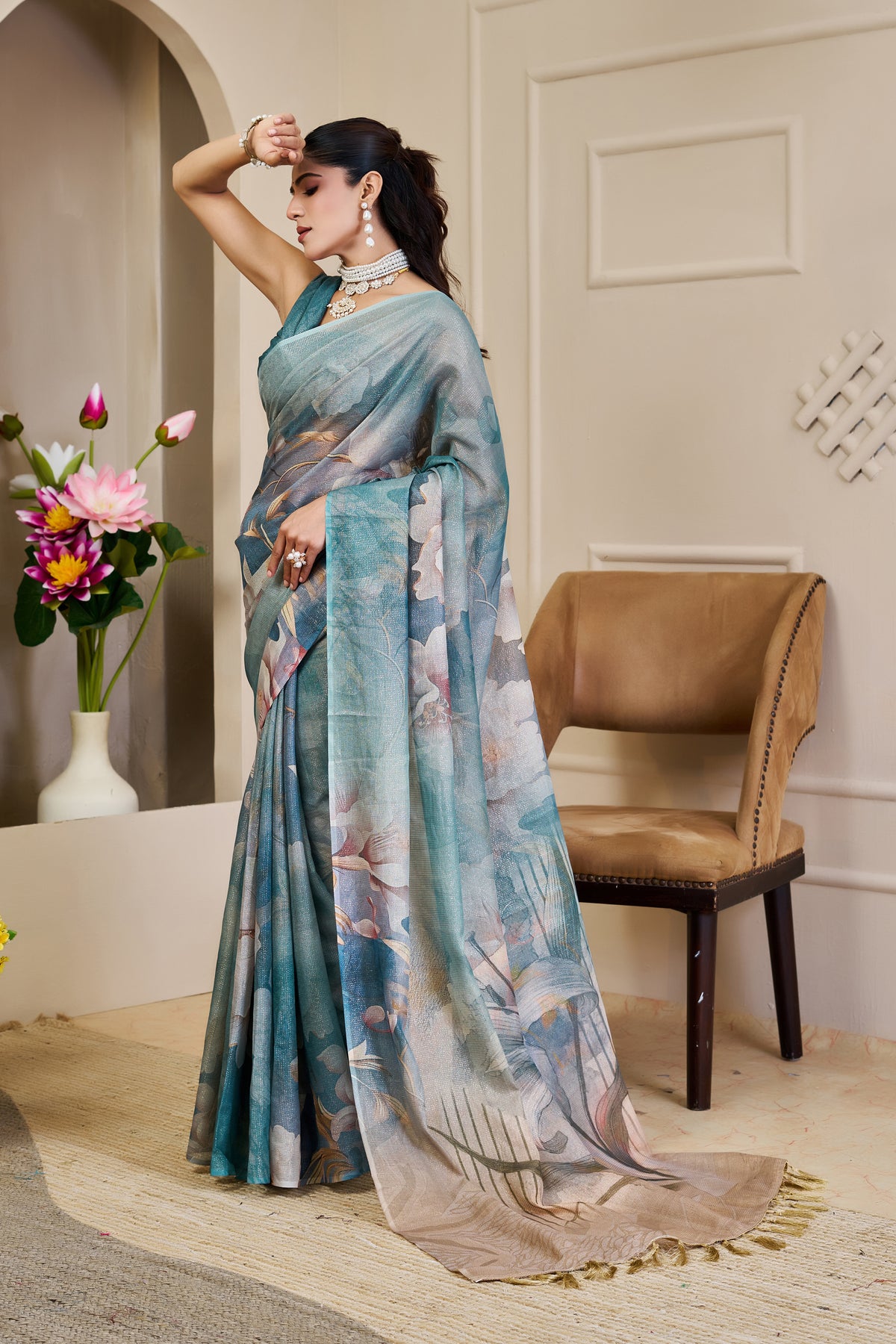 Teal Blue Tissue Silk Saree with Pastel Floral Design and Tassel Pallu, 6.3 Metres with Running Blouse for Festive Wear