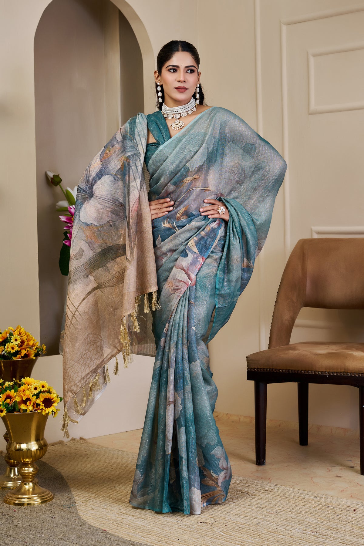 Teal Blue Tissue Silk Saree with Pastel Floral Design and Tassel Pallu, 6.3 Metres with Running Blouse for Festive Wear