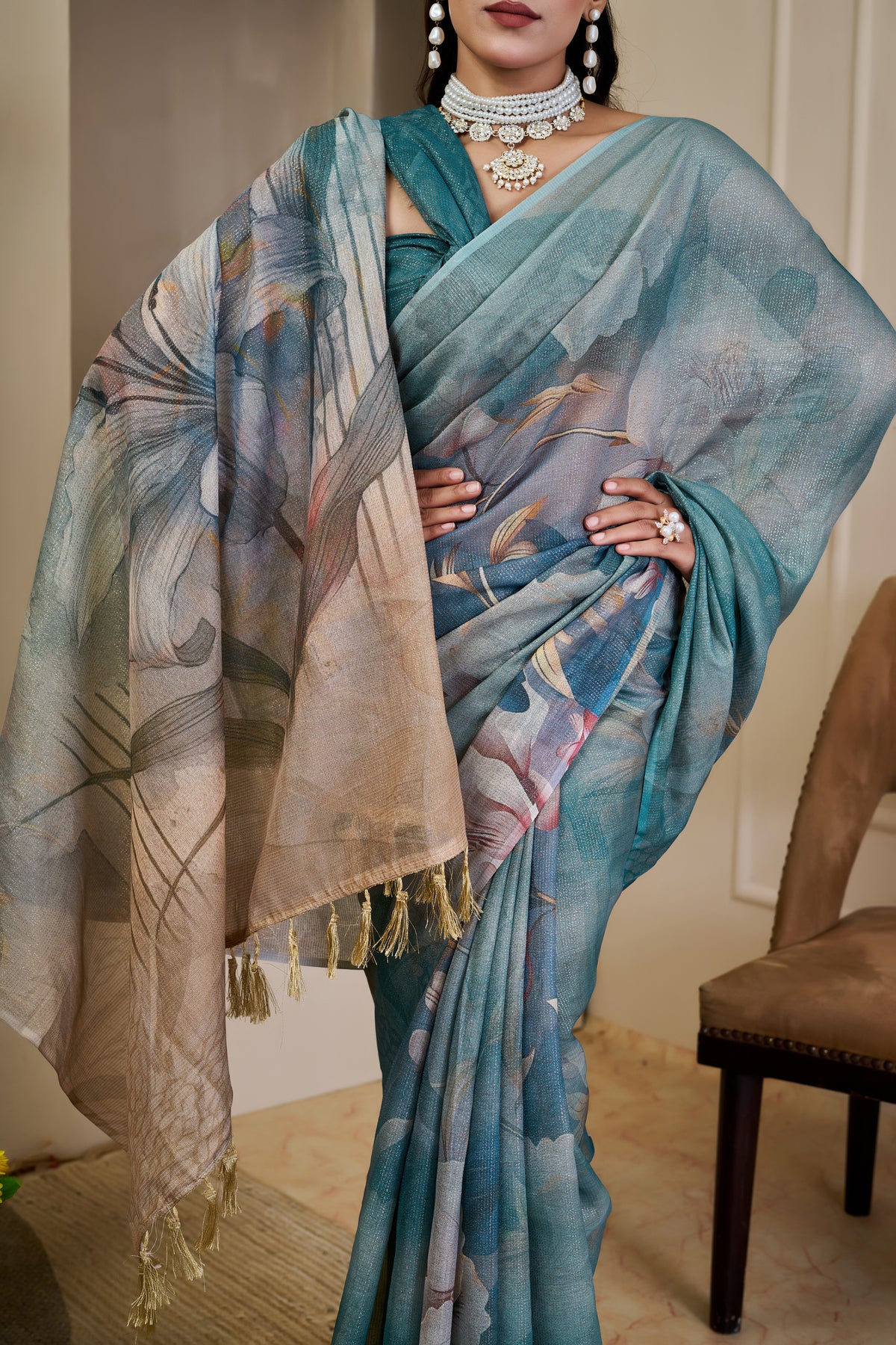 Teal Blue Tissue Silk Saree with Pastel Floral Design and Tassel Pallu, 6.3 Metres with Running Blouse for Festive Wear