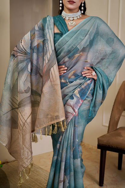 Teal Blue Tissue Silk Saree with Pastel Floral Design and Tassel Pallu, 6.3 Metres with Running Blouse for Festive Wear