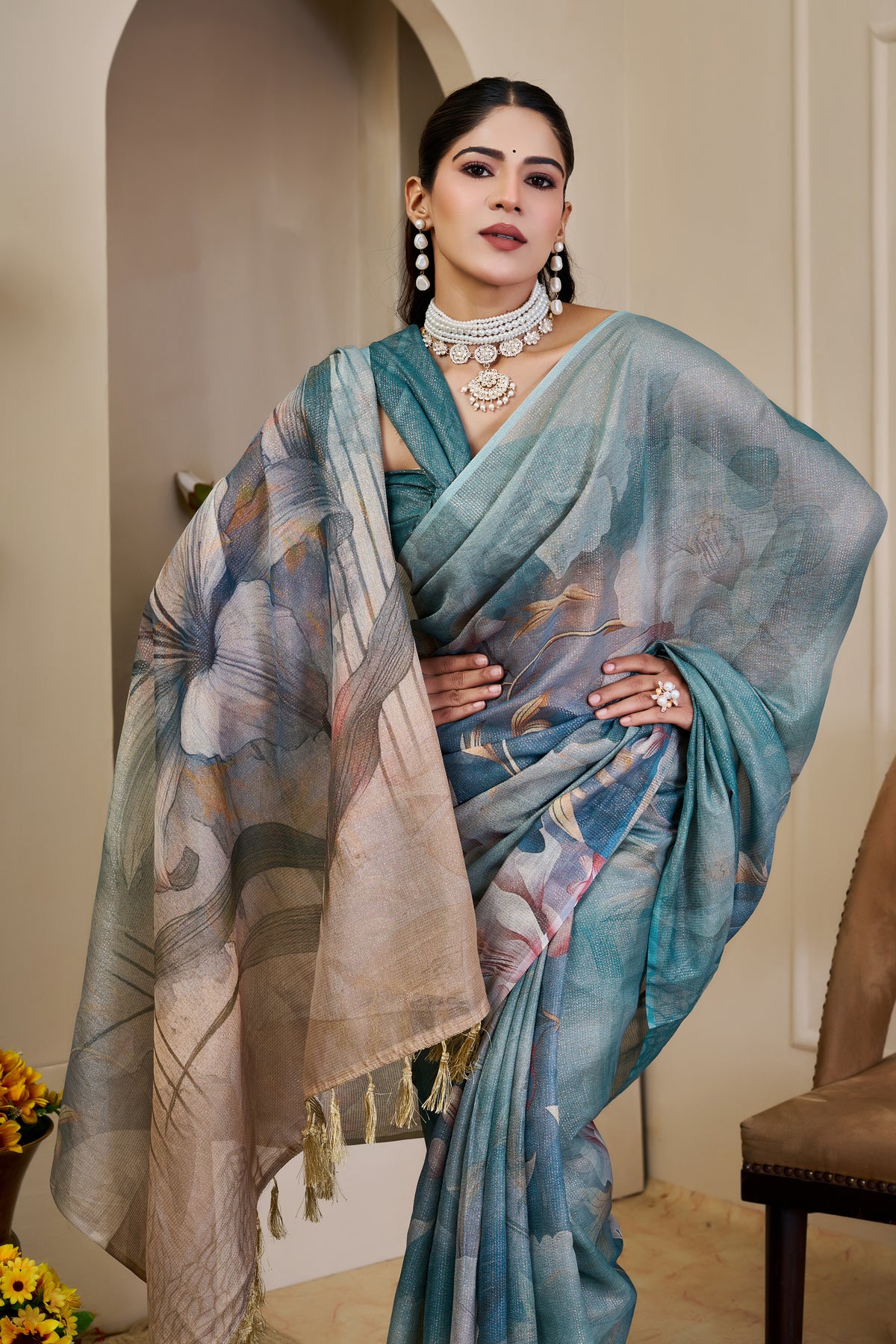 Teal Blue Tissue Silk Saree with Pastel Floral Design and Tassel Pallu, 6.3 Metres with Running Blouse for Festive Wear