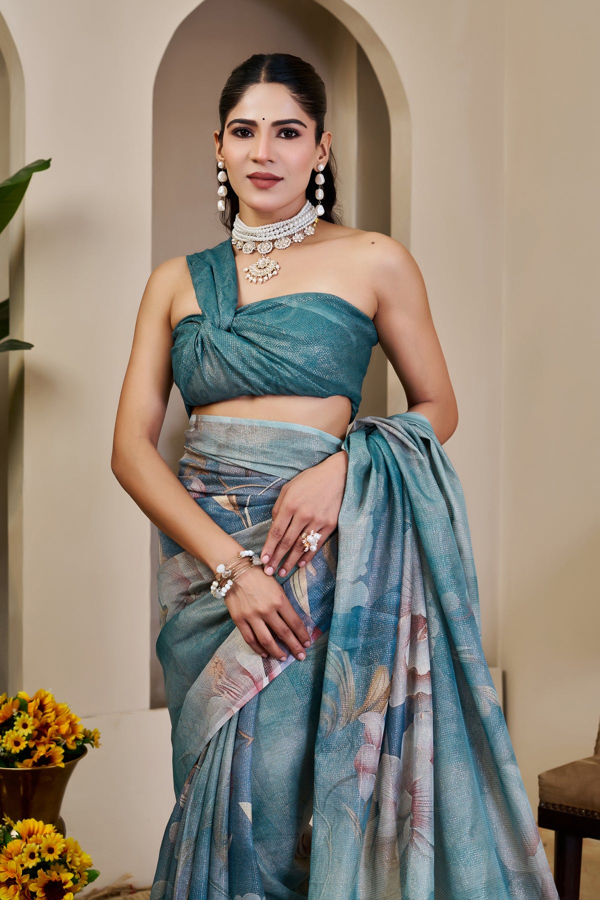 Teal Blue Tissue Silk Saree with Pastel Floral Design and Tassel Pallu, 6.3 Metres with Running Blouse for Festive Wear