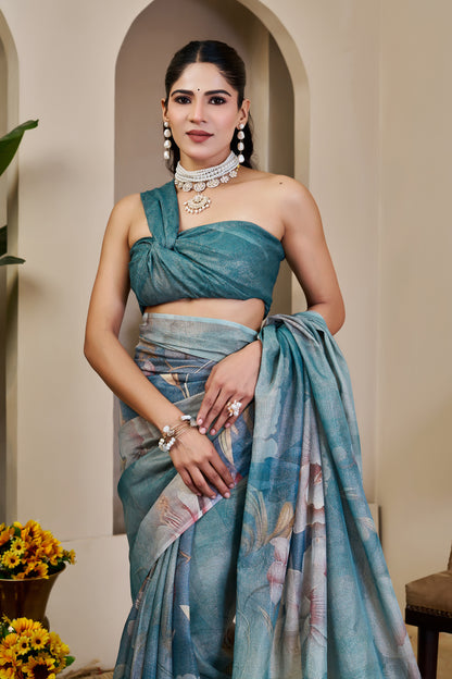 Teal Blue Tissue Silk Saree with Pastel Floral Design and Tassel Pallu, 6.3 Metres with Running Blouse for Festive Wear