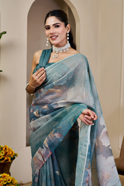 Teal Blue Tissue Silk Saree with Pastel Floral Design and Tassel Pallu, 6.3 Metres with Running Blouse for Festive Wear