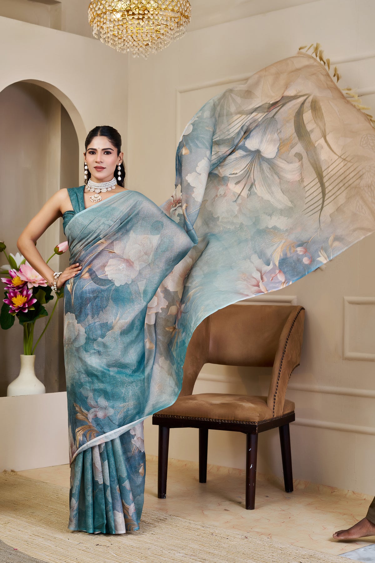 Teal Blue Tissue Silk Saree with Pastel Floral Design and Tassel Pallu, 6.3 Metres with Running Blouse for Festive Wear