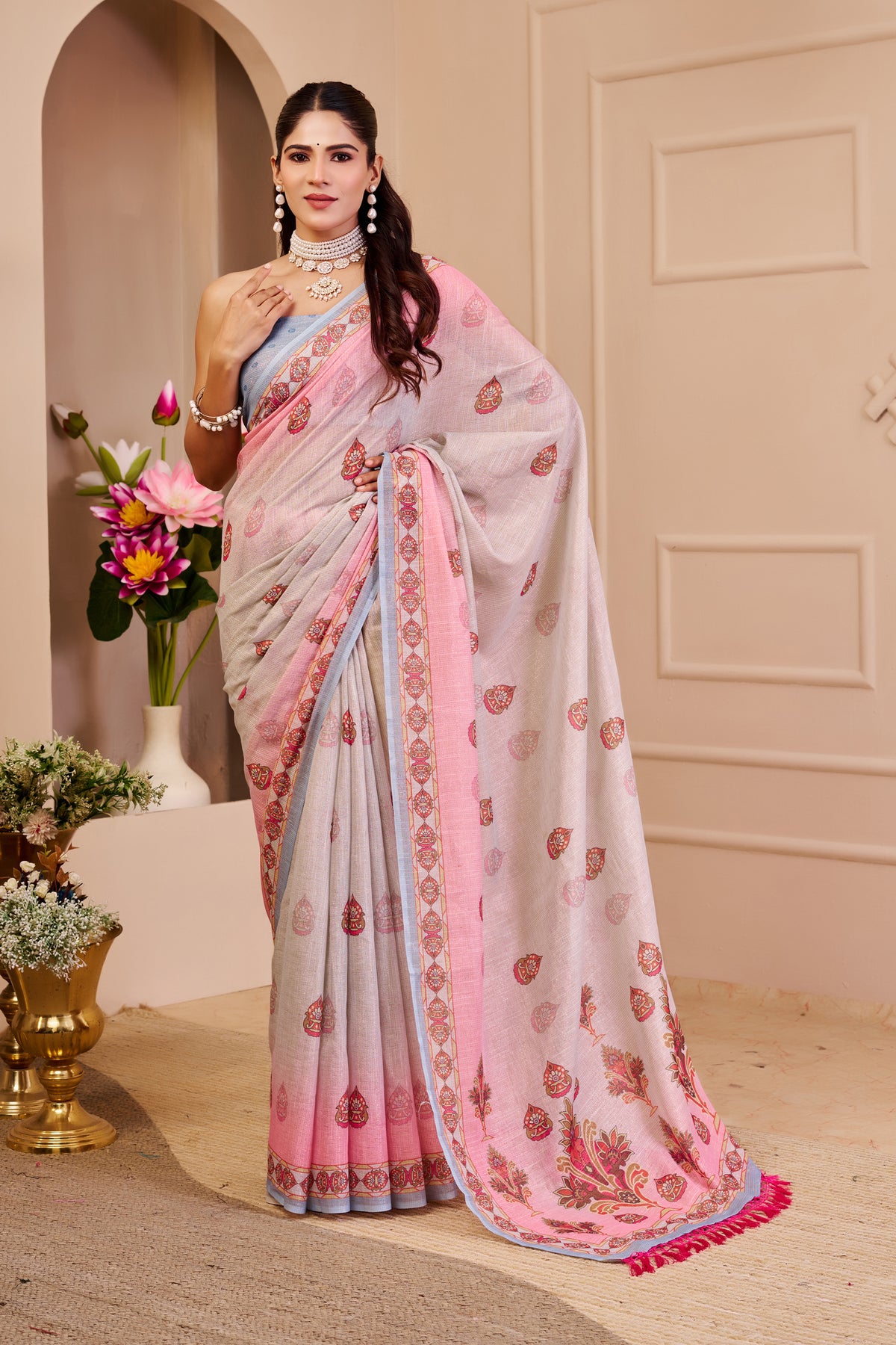 Silver Grey and Blush Pink Tissue Silk Saree with Floral Pallu, Decorative Border and Running Blouse for Festive Wear