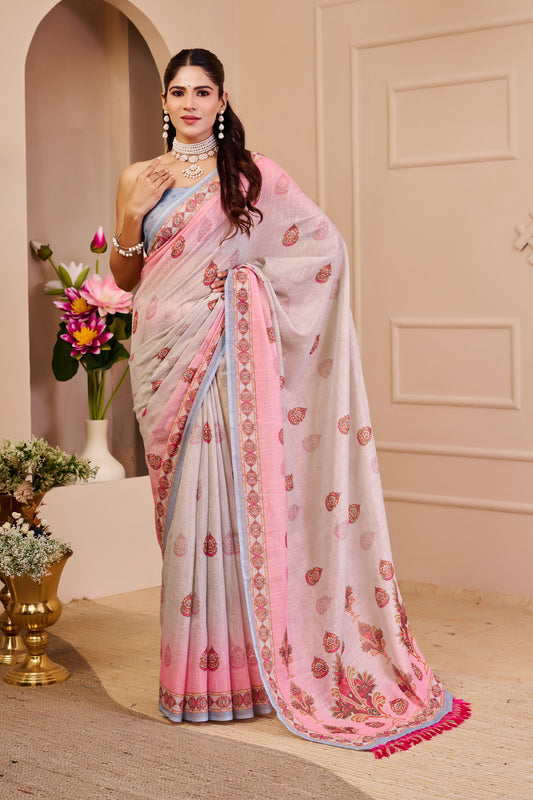 Silver Grey and Blush Pink Tissue Silk Saree with Floral Pallu, Decorative Border and Running Blouse for Festive Wear