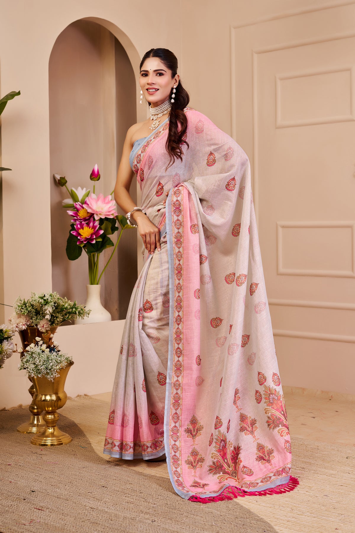 Silver Grey and Blush Pink Tissue Silk Saree with Floral Pallu, Decorative Border and Running Blouse for Festive Wear