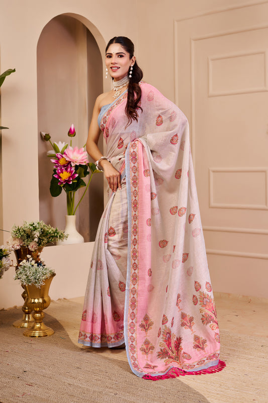 Silver Grey and Blush Pink Tissue Silk Saree with Floral Pallu, Decorative Border and Running Blouse for Festive Wear