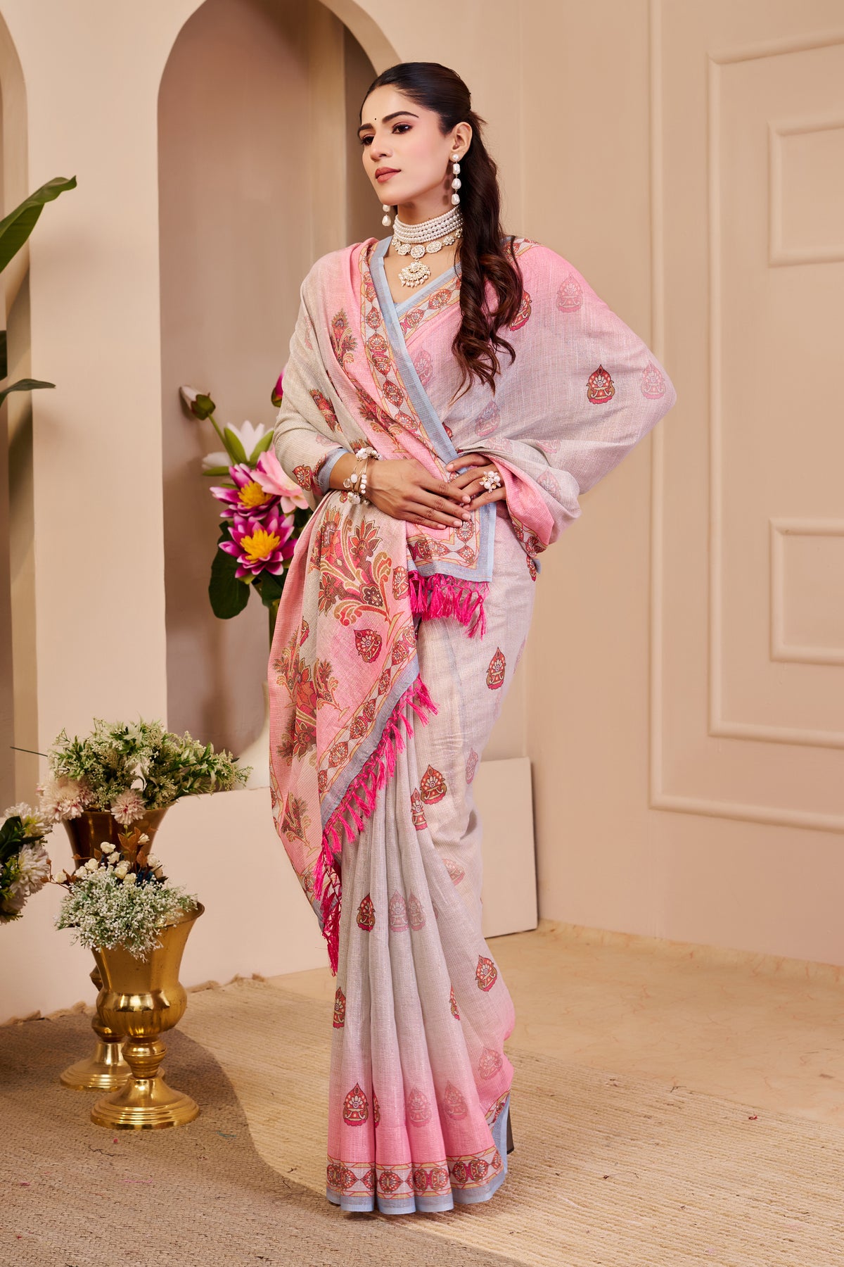 Silver Grey and Blush Pink Tissue Silk Saree with Floral Pallu, Decorative Border and Running Blouse for Festive Wear