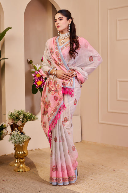 Silver Grey and Blush Pink Tissue Silk Saree with Floral Pallu, Decorative Border and Running Blouse for Festive Wear