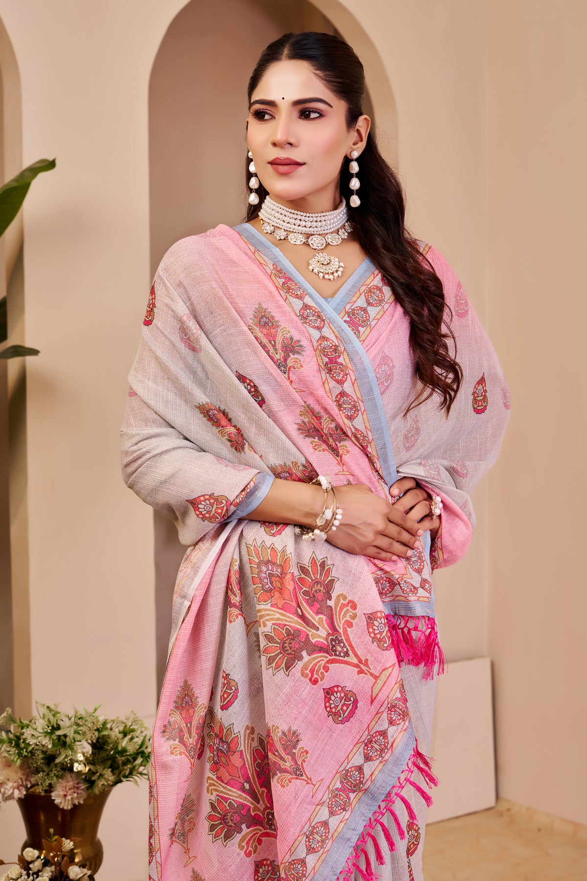 Silver Grey and Blush Pink Tissue Silk Saree with Floral Pallu, Decorative Border and Running Blouse for Festive Wear