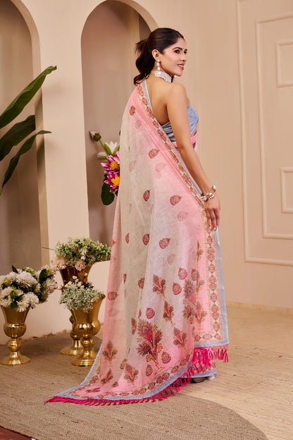 Silver Grey and Blush Pink Tissue Silk Saree with Floral Pallu, Decorative Border and Running Blouse for Festive Wear