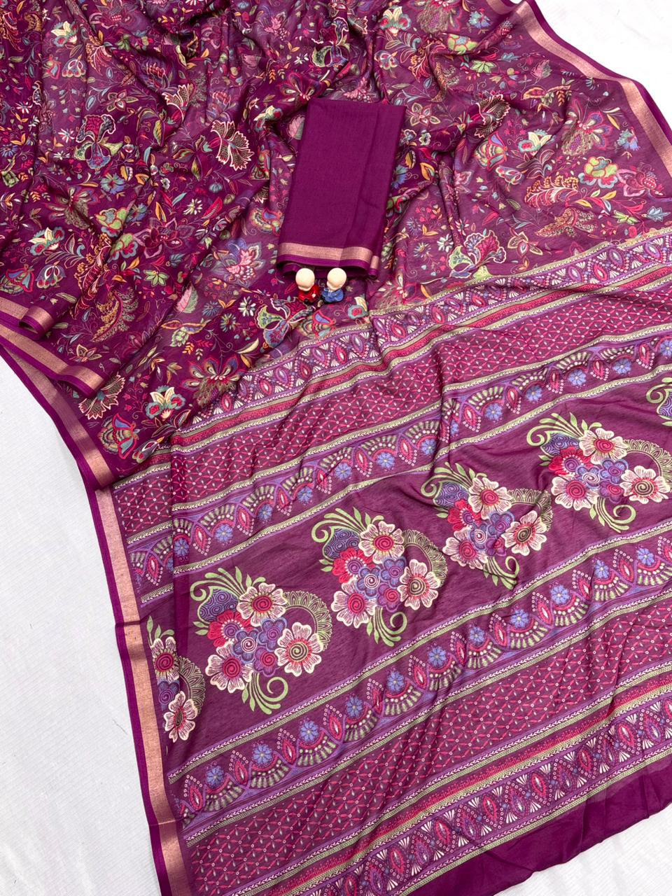 Mul Cotton Silk Kalamkari Print Saree with Zari Border – 6.30 Mtrs