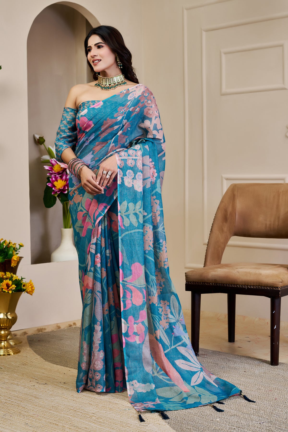Turquoise Blue Tissue Silk Saree with Pink Floral Design and Running Blouse for Festive Occasions | Swaraas