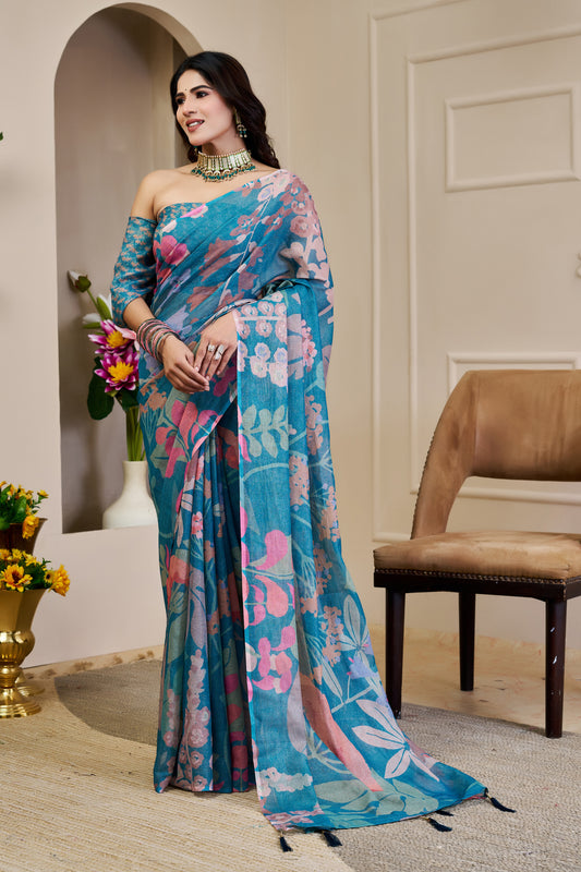 Turquoise Blue Tissue Silk Saree with Pink Floral Design and Running Blouse for Festive Occasions | Swaraas