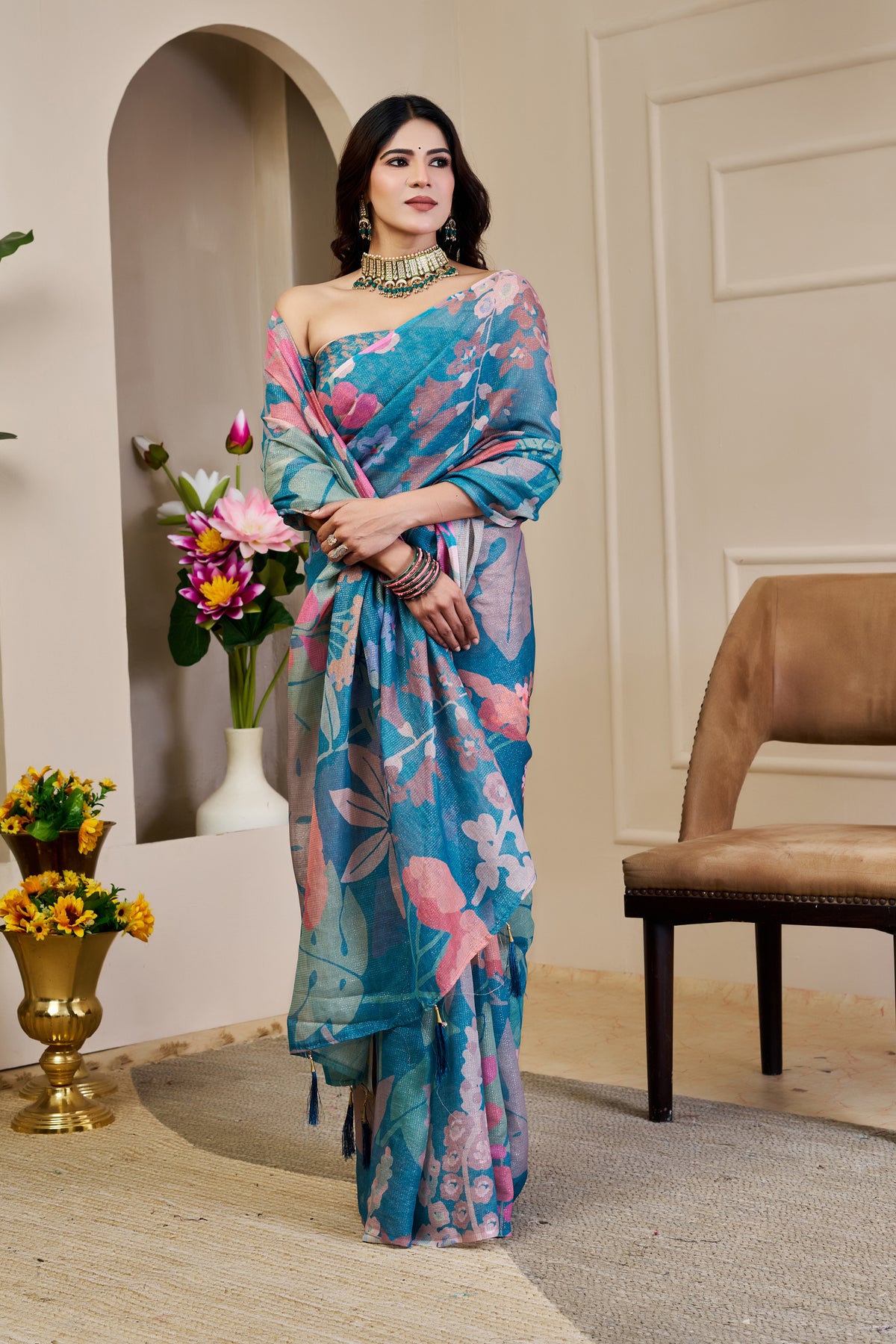 Turquoise Blue Tissue Silk Saree with Pink Floral Design and Running Blouse for Festive Occasions | Swaraas